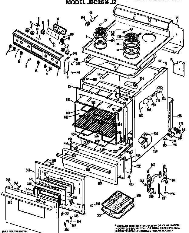 Main Body/cooktop/controls Diagram and Parts List for JBC26*J2  General Electric Range