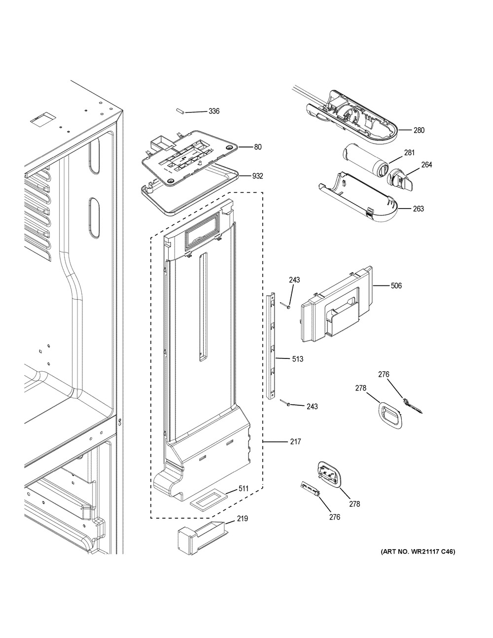 Fresh Food Section Diagram and Parts List for GYE18JBLGFTS  General Electric Refrigerator