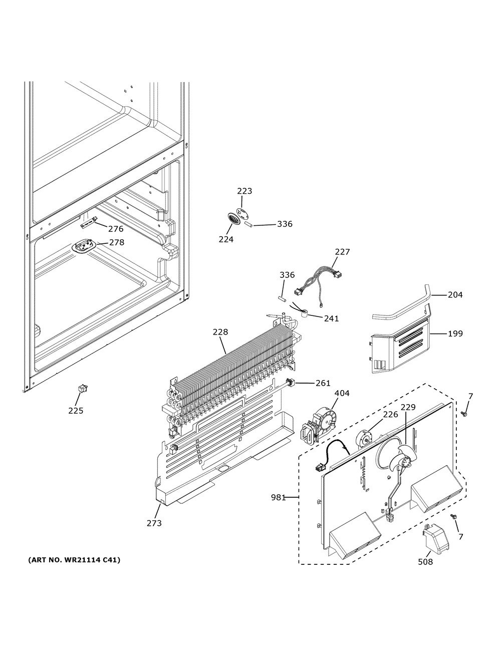 Freezer Section Diagram and Parts List for GFE26JGMNFWW  General Electric Refrigerator