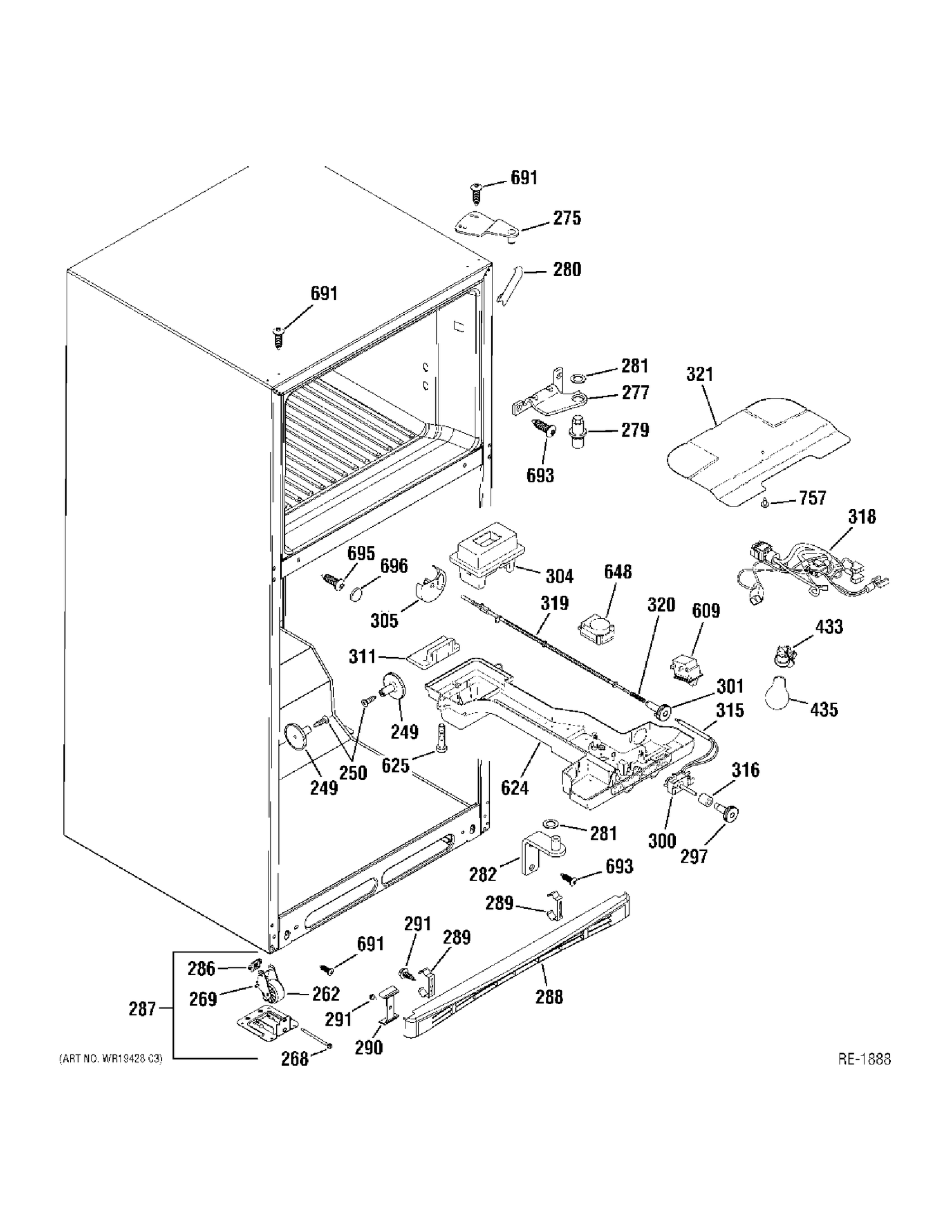 CABINET Diagram and Parts List for 38485KBRCRBB  General Electric Refrigerator