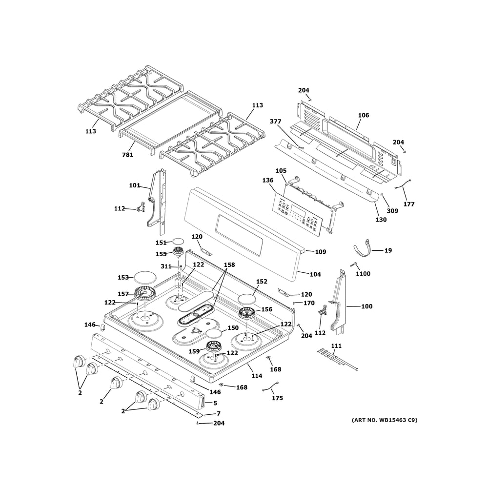 Control Panel & Cooktop Diagram and Parts List for JGBS86SP4SS  General Electric Range