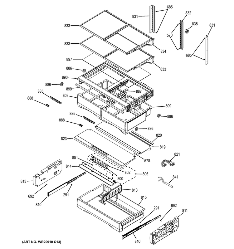 Fresh Food Shelves Diagram and Parts List for PFE29PSDFSS  General Electric Refrigerator