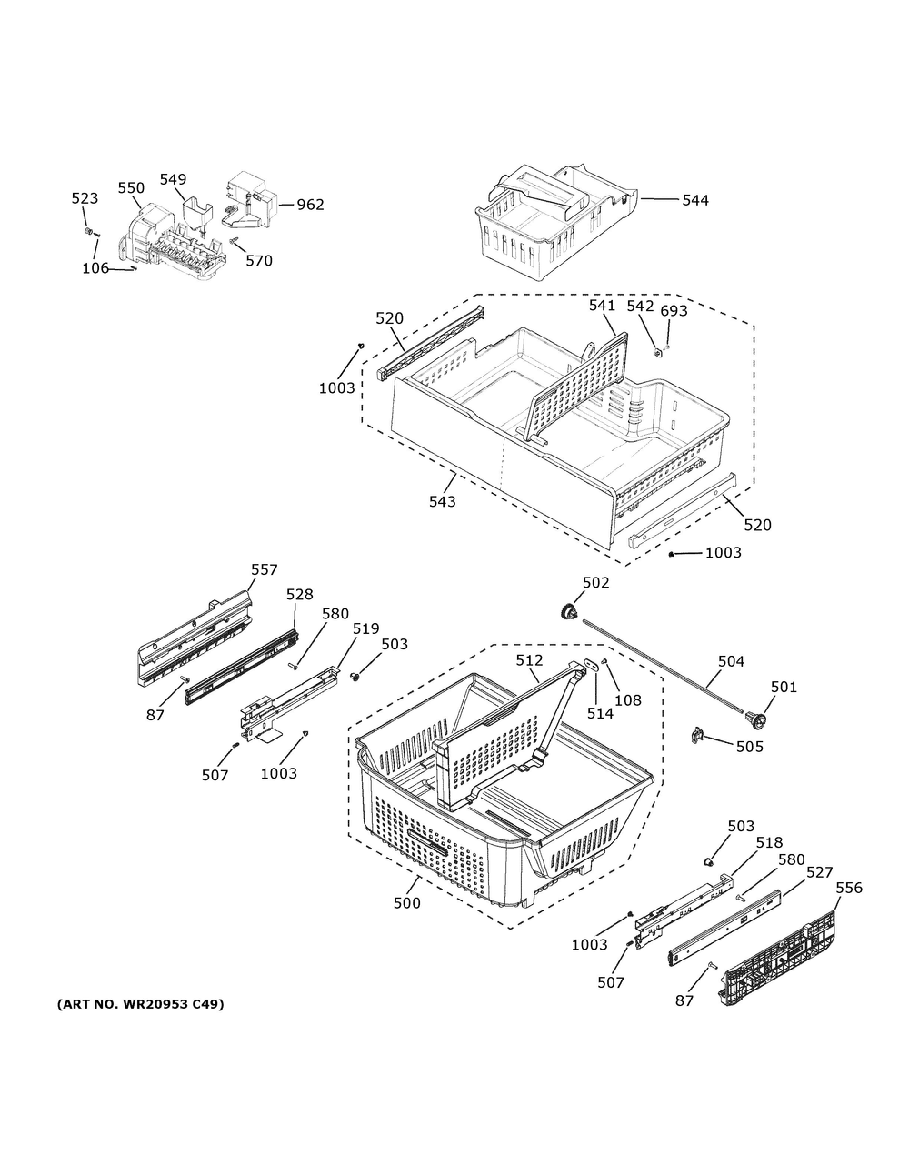 Freezer Shelves Diagram and Parts List for GWE23GYNIFS  General Electric Refrigerator
