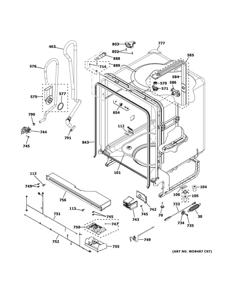 Body Parts Diagram and Parts List for GDT530PGP4BB  General Electric Dishwasher
