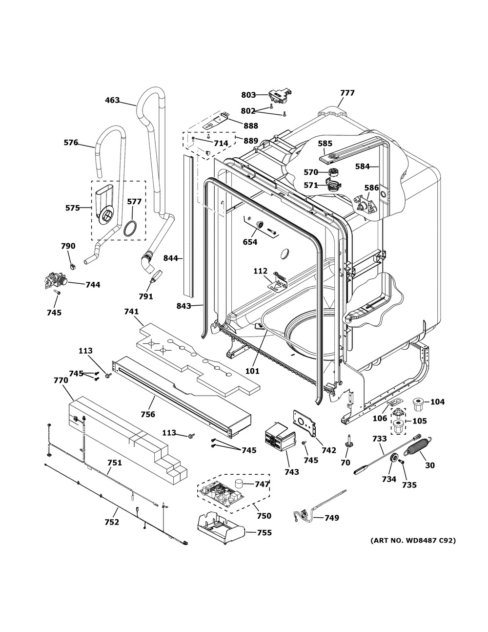Body Parts 1 Diagram and Parts List for GDF640HGM4WW  General Electric Dishwasher
