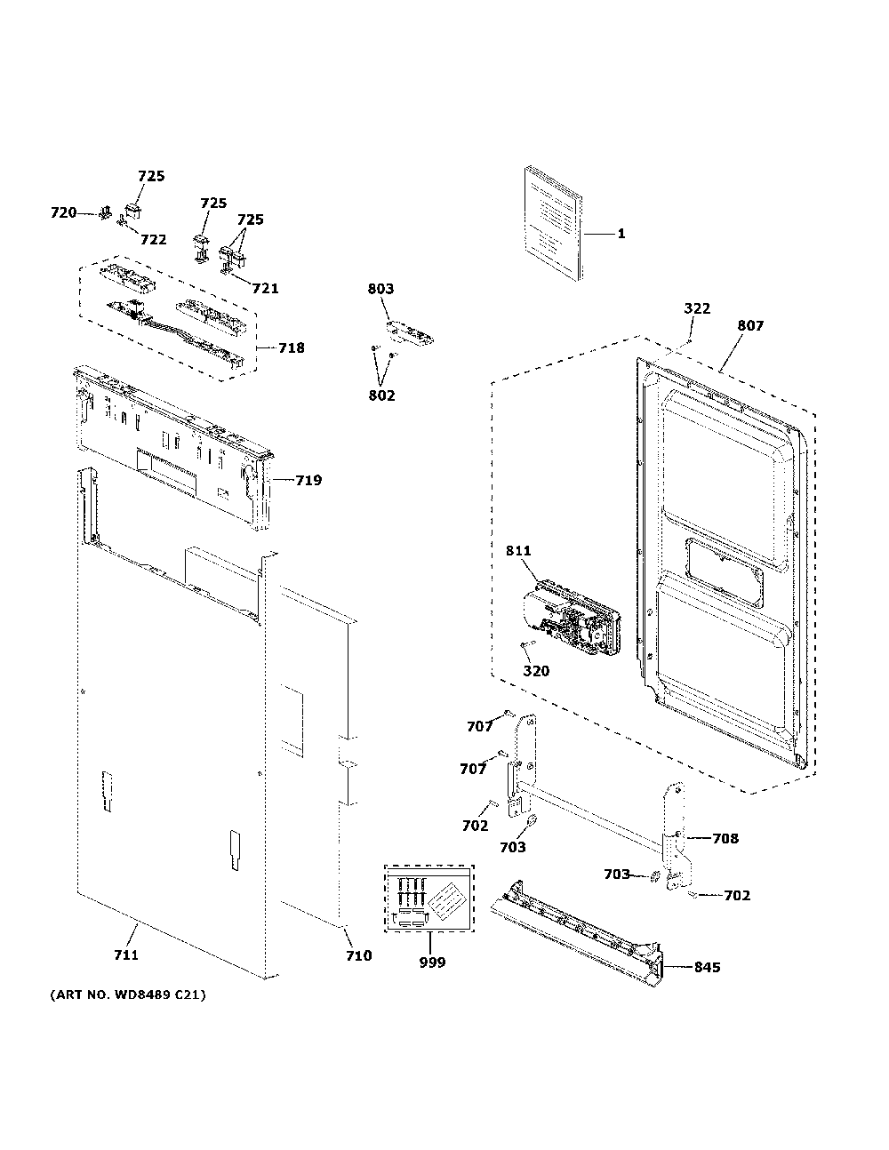 Escutcheon And Door Assembly Diagram and Parts List for ZDT165SIL1II  General Electric Dishwasher