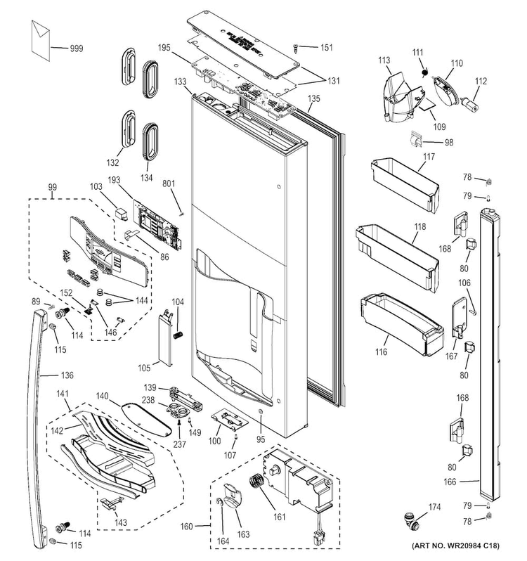 Dispenser Door Diagram and Parts List for PFH28PSHBSS  General Electric Refrigerator