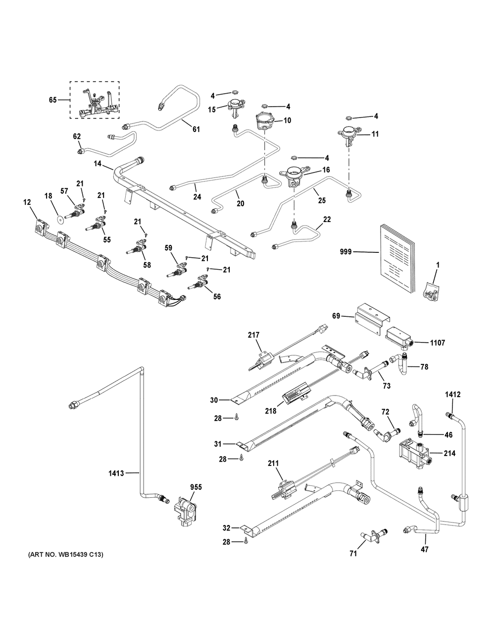 Gas And Burner Parts Diagram and Parts List for PGB965BP3TS  General Electric Range