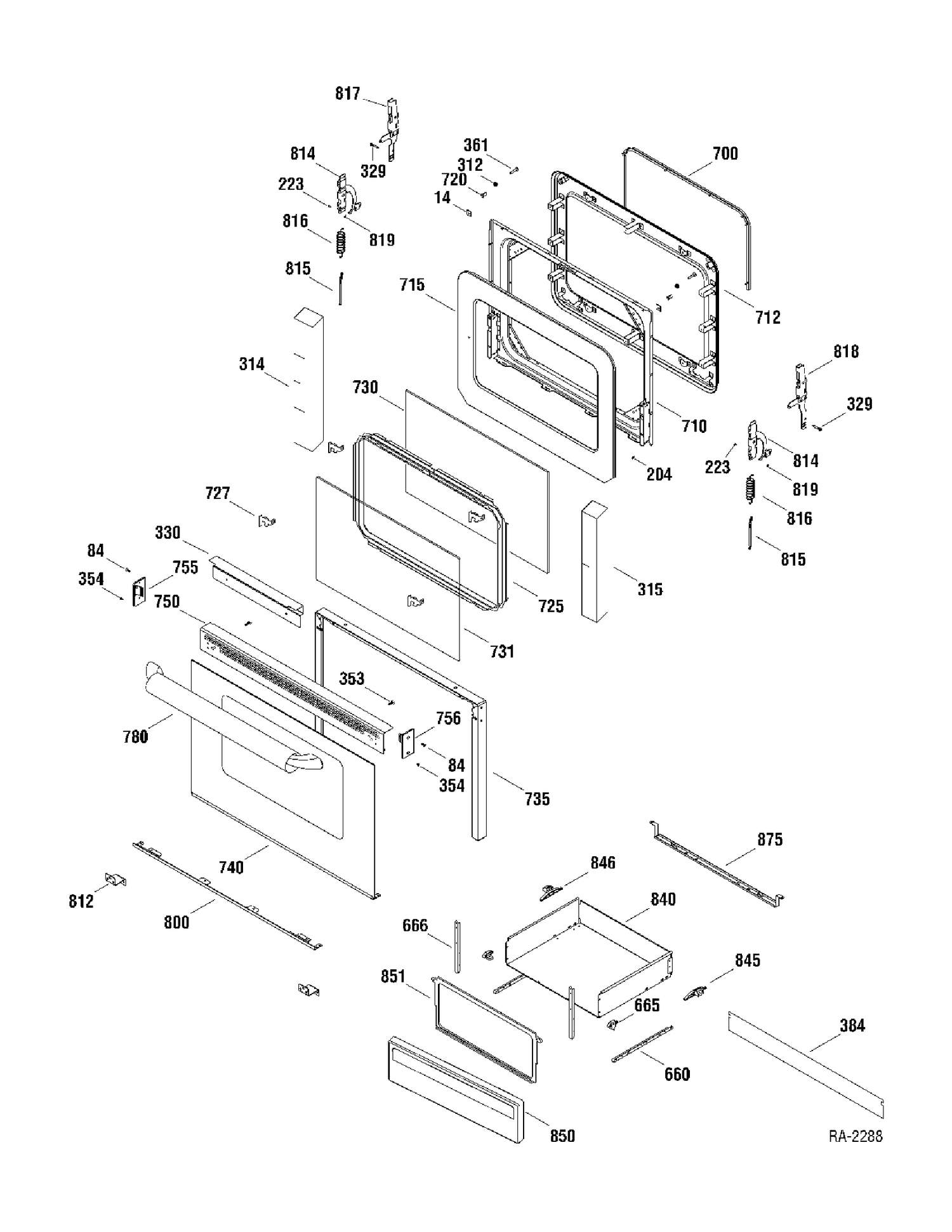 DOOR & DRAWER Diagram and Parts List for JCBP63WK4WW  General Electric Range
