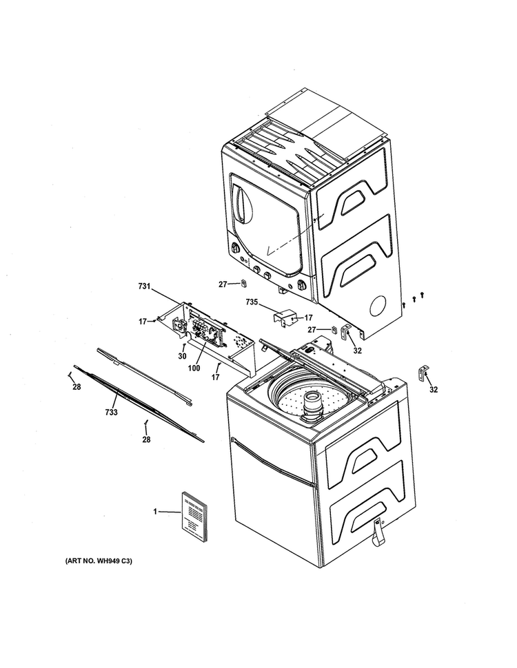 Cabinet 2 Diagram and Parts List for GTUP240EM4WW  General Electric Washer Dryer Combo