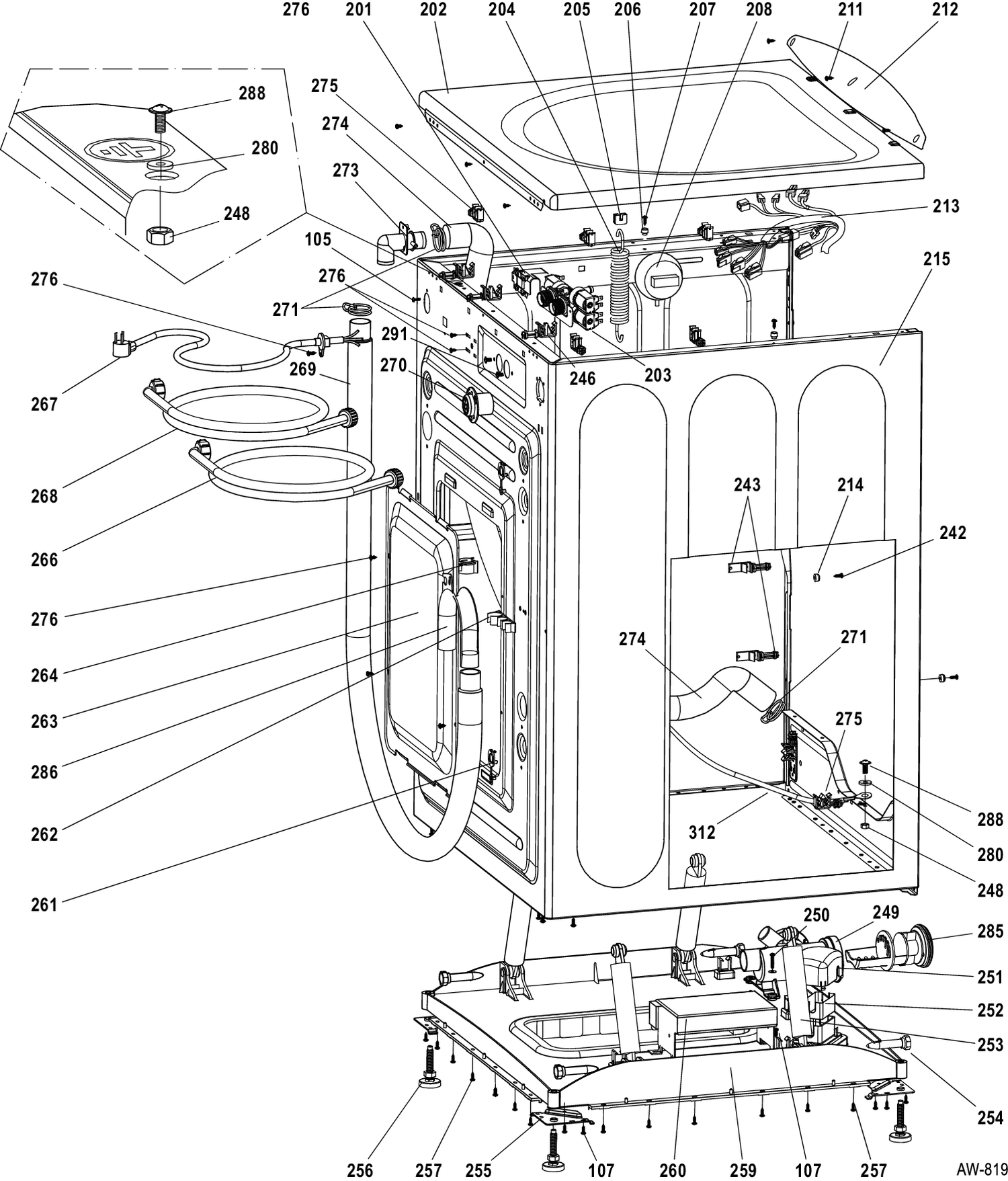 CABINET & TOP PANEL Diagram and Parts List for GFAN1100L1WW  General Electric Washer