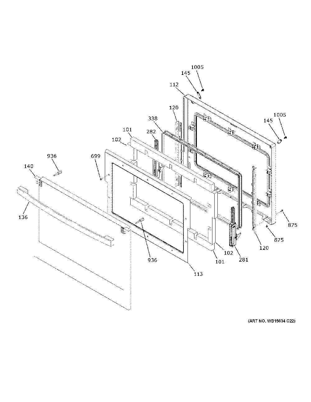 Upper Door Diagram and Parts List for JKD5000DN2BB  General Electric Wall Oven