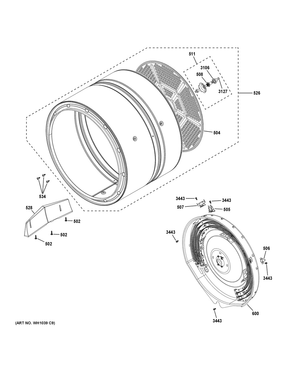 Drum Diagram and Parts List for GUD27EEPV0DG  General Electric Washer Dryer Combo