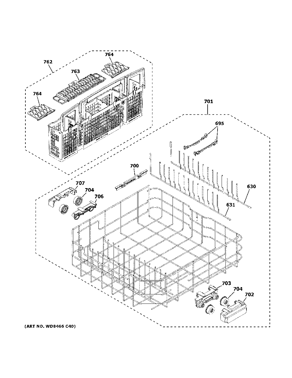 Lower rack assembly Diagram and Parts List for CDT800P2N2S1  General Electric Dishwasher