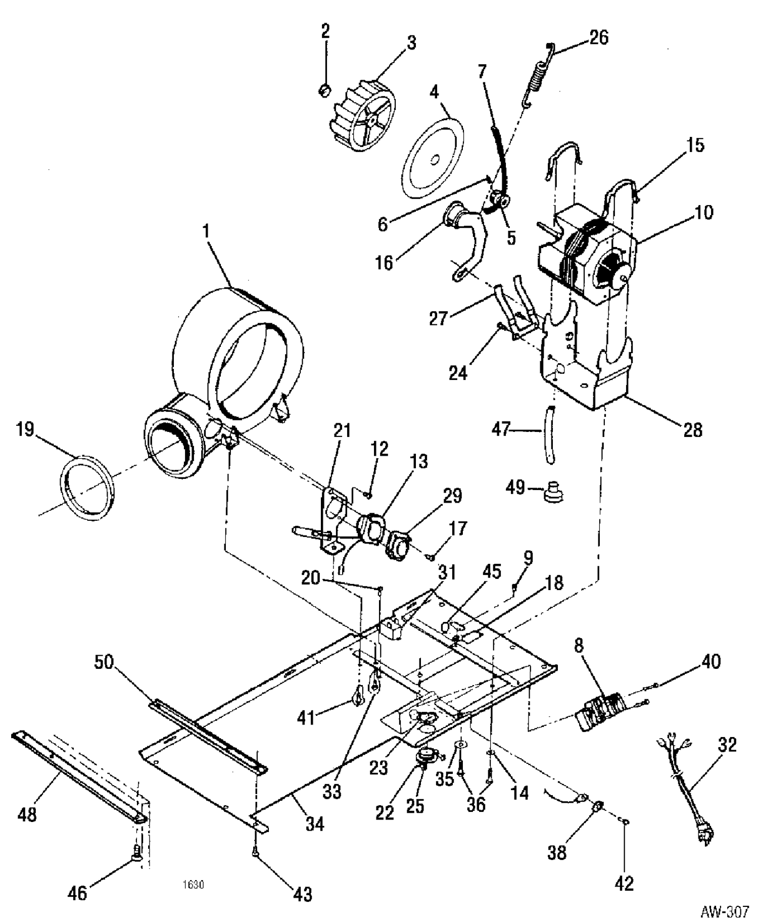 BLOWER & DRIVE ASSEMBLY Diagram and Parts List for 52240W0  General Electric Washer