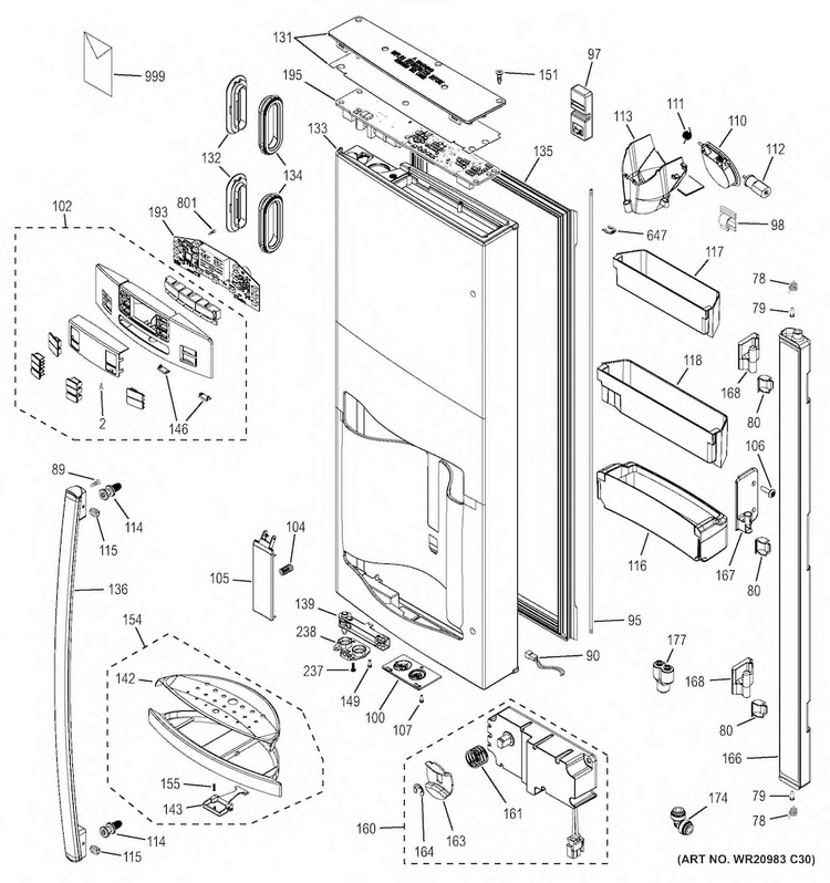 Dispenser Door Diagram and Parts List for GFE27GSDCSS  General Electric Refrigerator