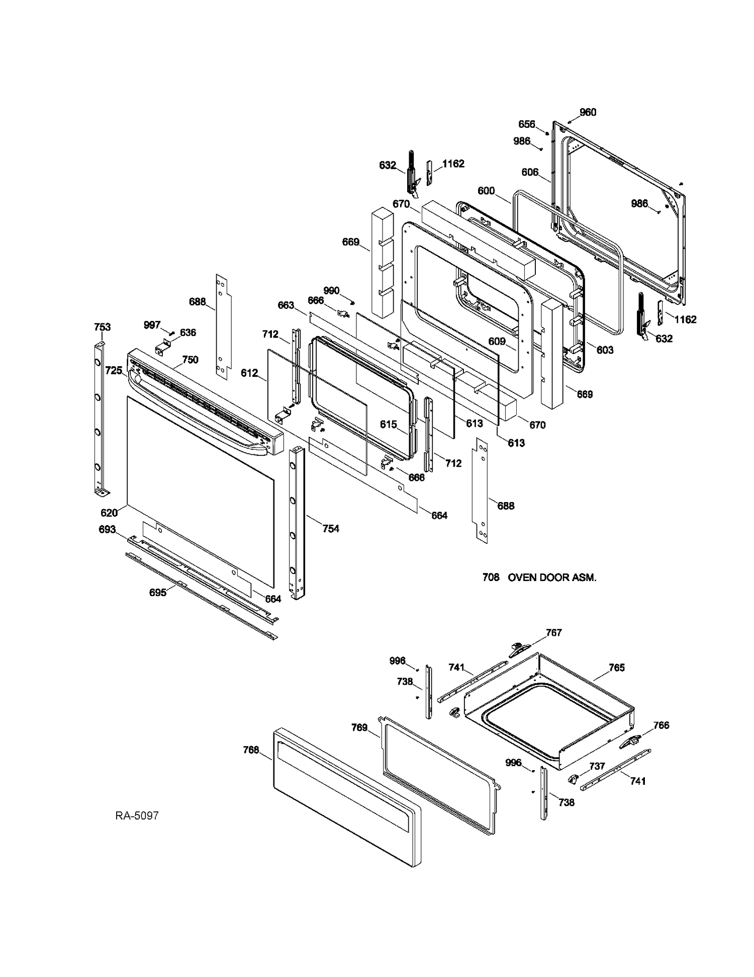 DOOR & DRAWER PARTS Diagram and Parts List for JCBP400DT2WW  General Electric Range