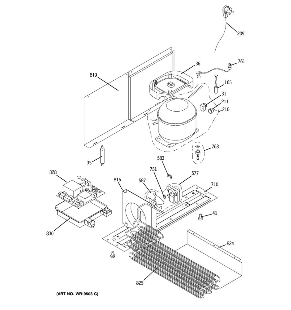 Machine Compartment Diagram and Parts List for ZDWR240PABS  General Electric Wine and Beverage Cooler