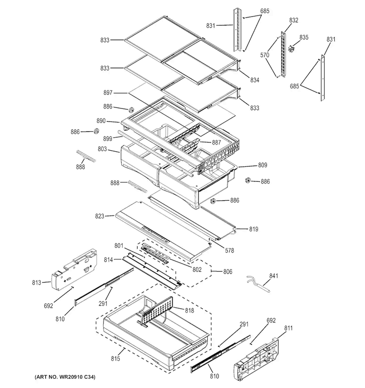 Fresh Food Shelves Diagram and Parts List for GFE28HSHGSS  General Electric Refrigerator