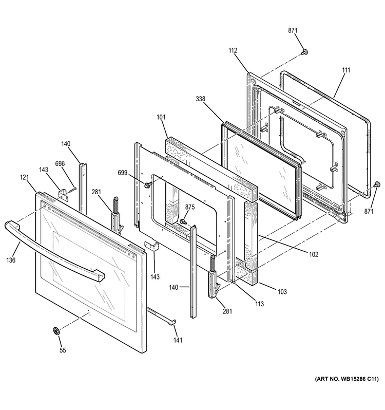 Door Diagram and Parts List for JB745DF3WW  General Electric Range