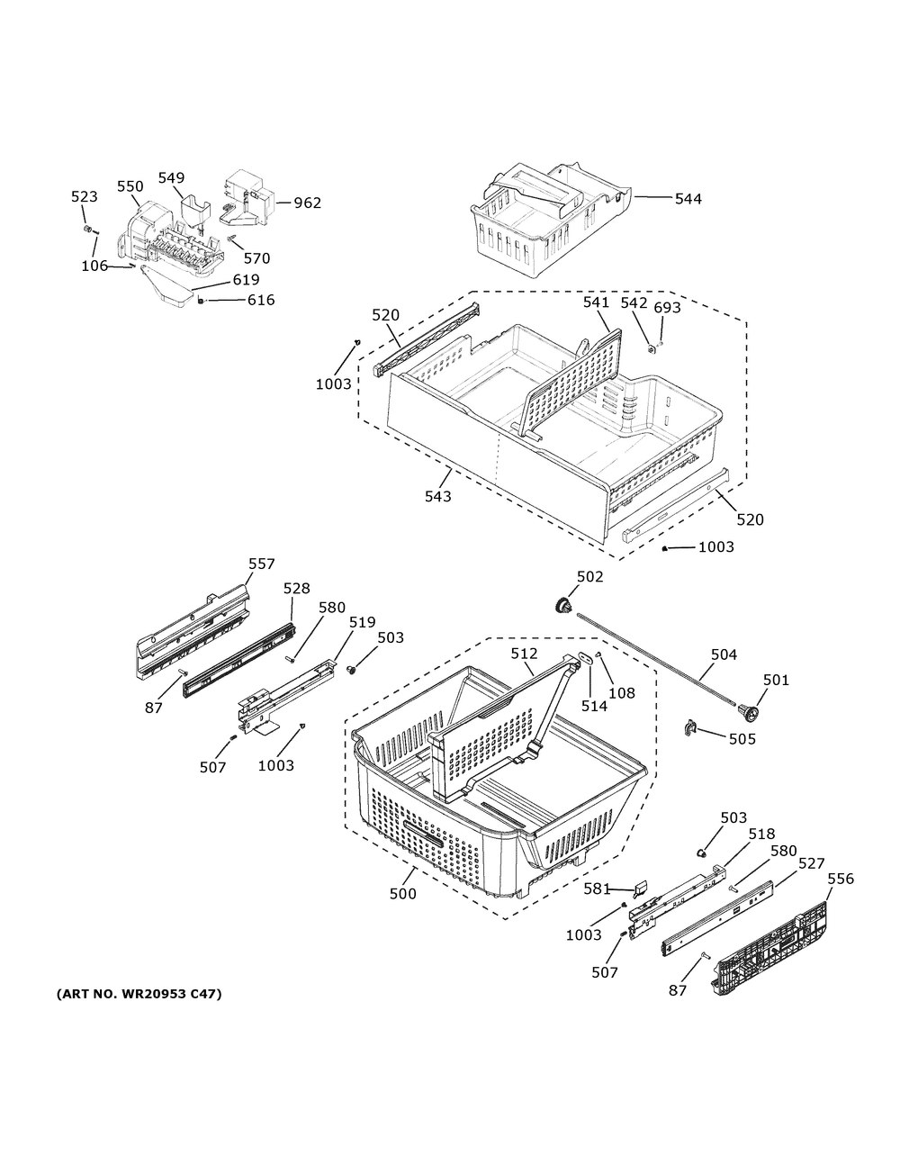 Freezer Shelves Diagram and Parts List for GNE29GYNIFS  General Electric Refrigerator