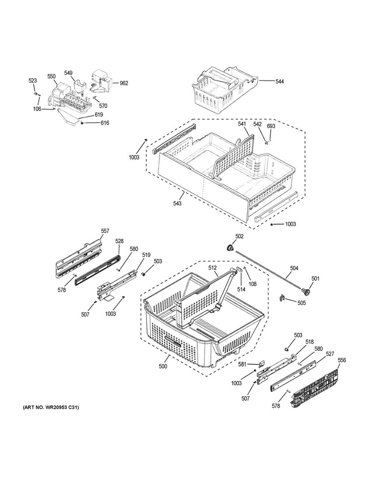 Freezer Shelves Diagram and Parts List for GNE29GGKCWW  General Electric Refrigerator
