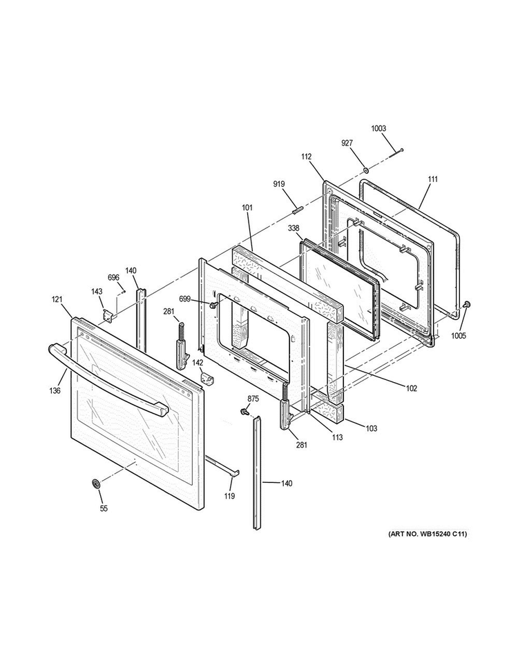 Door Diagram and Parts List for JB750SJ1SS  General Electric Range
