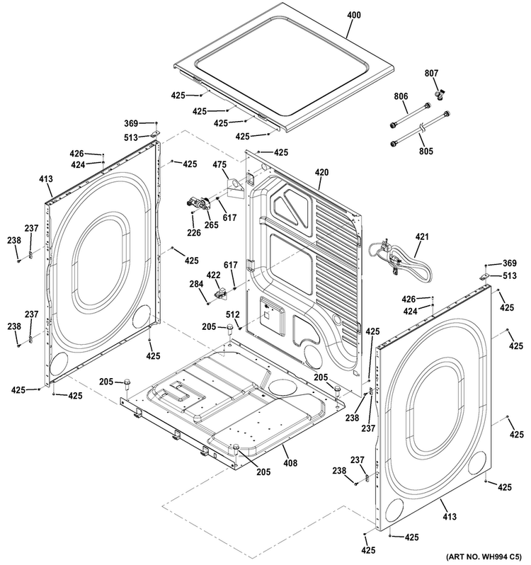 Cabint & Top Panel Diagram and Parts List for GFDR270GH0WW  General Electric Dryer