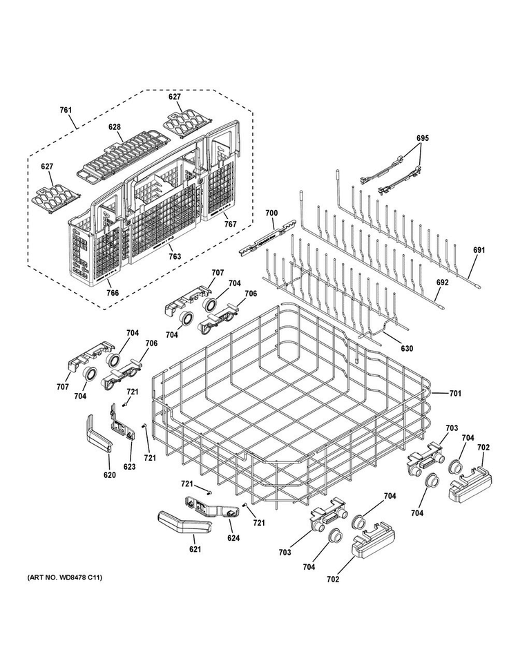 Lower Rack Assembly Diagram and Parts List for GDT680SGH2BB  General Electric Dishwasher