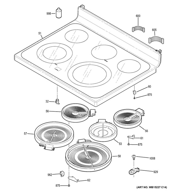 Cooktop Diagram and Parts List for JB700SJ1SS  General Electric Range