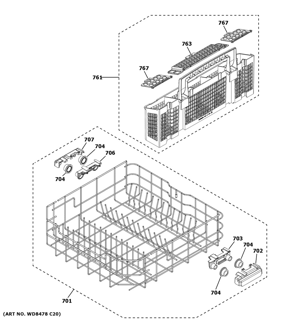Lower Rack Assembly Diagram and Parts List for GDT540PSM0SS  General Electric Dishwasher