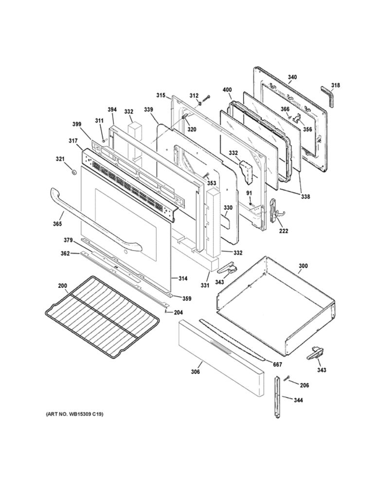 Door And Drawer Parts Diagram and Parts List for JGB645DEK2WW  General Electric Range