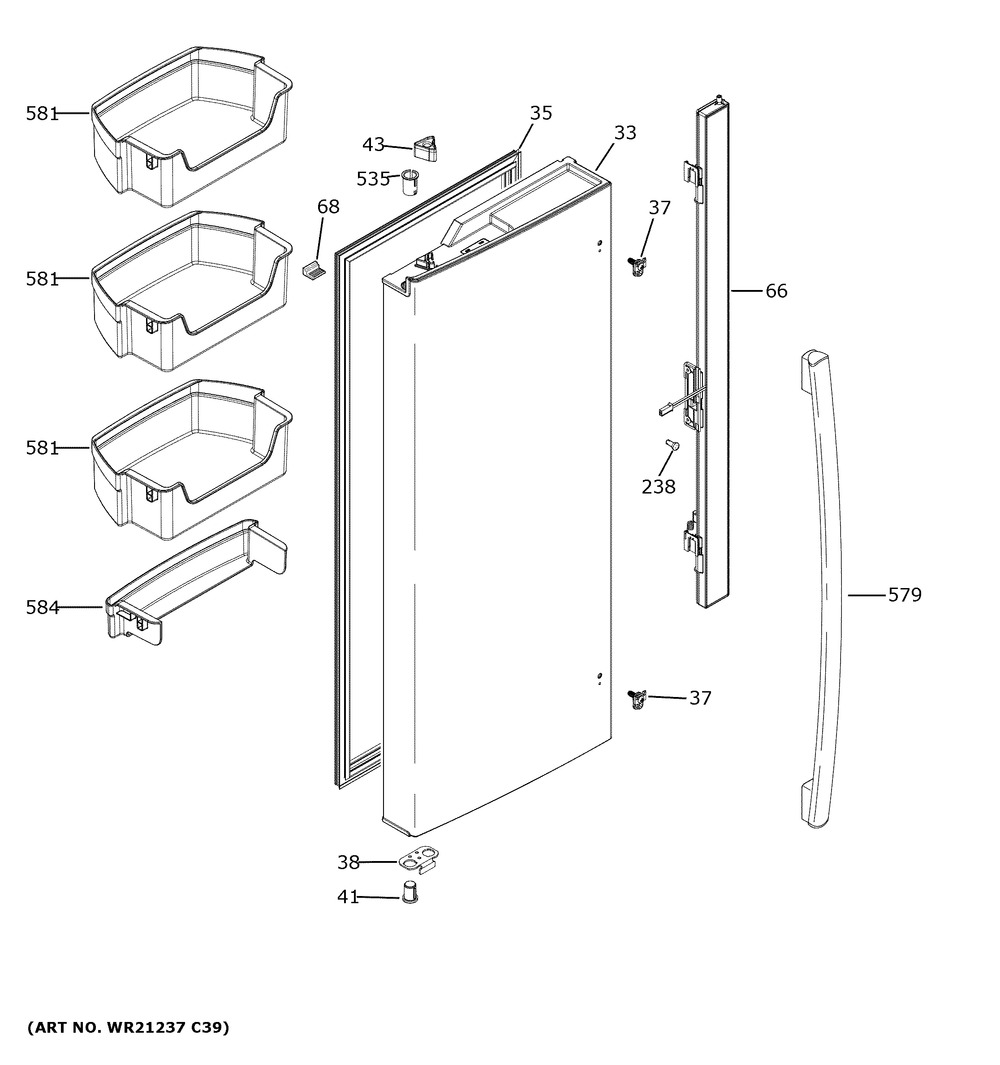 Fresh Food Door - Lh Diagram and Parts List for GWE19JGLXFBB  General Electric Refrigerator
