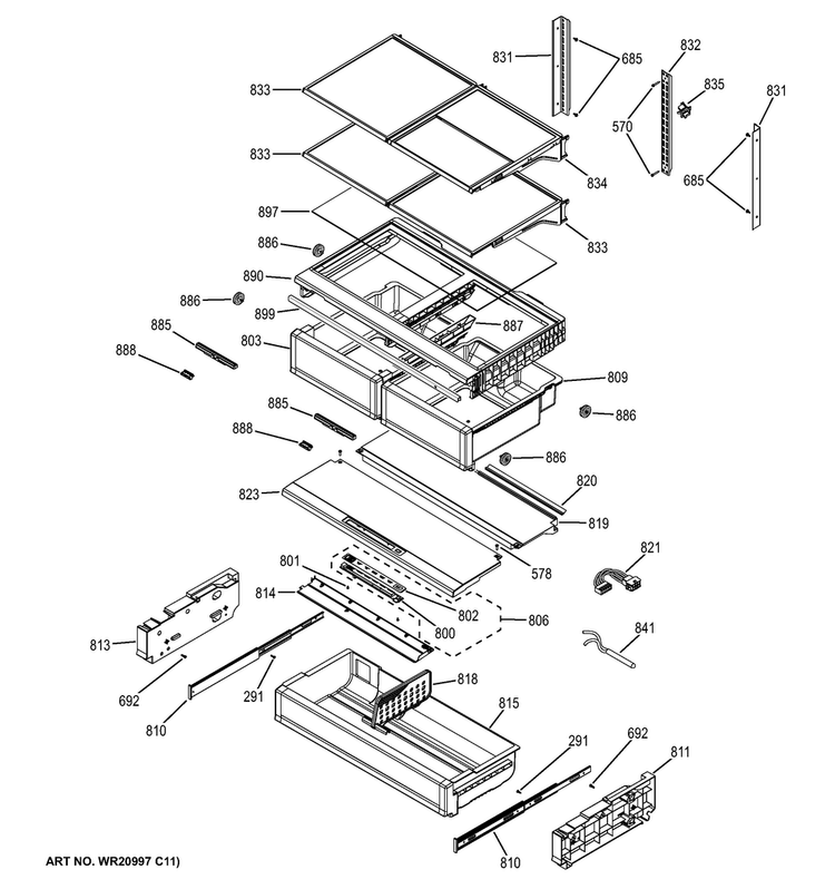 Fresh Food Shelves Diagram and Parts List for CFE29TSDESS  General Electric Refrigerator