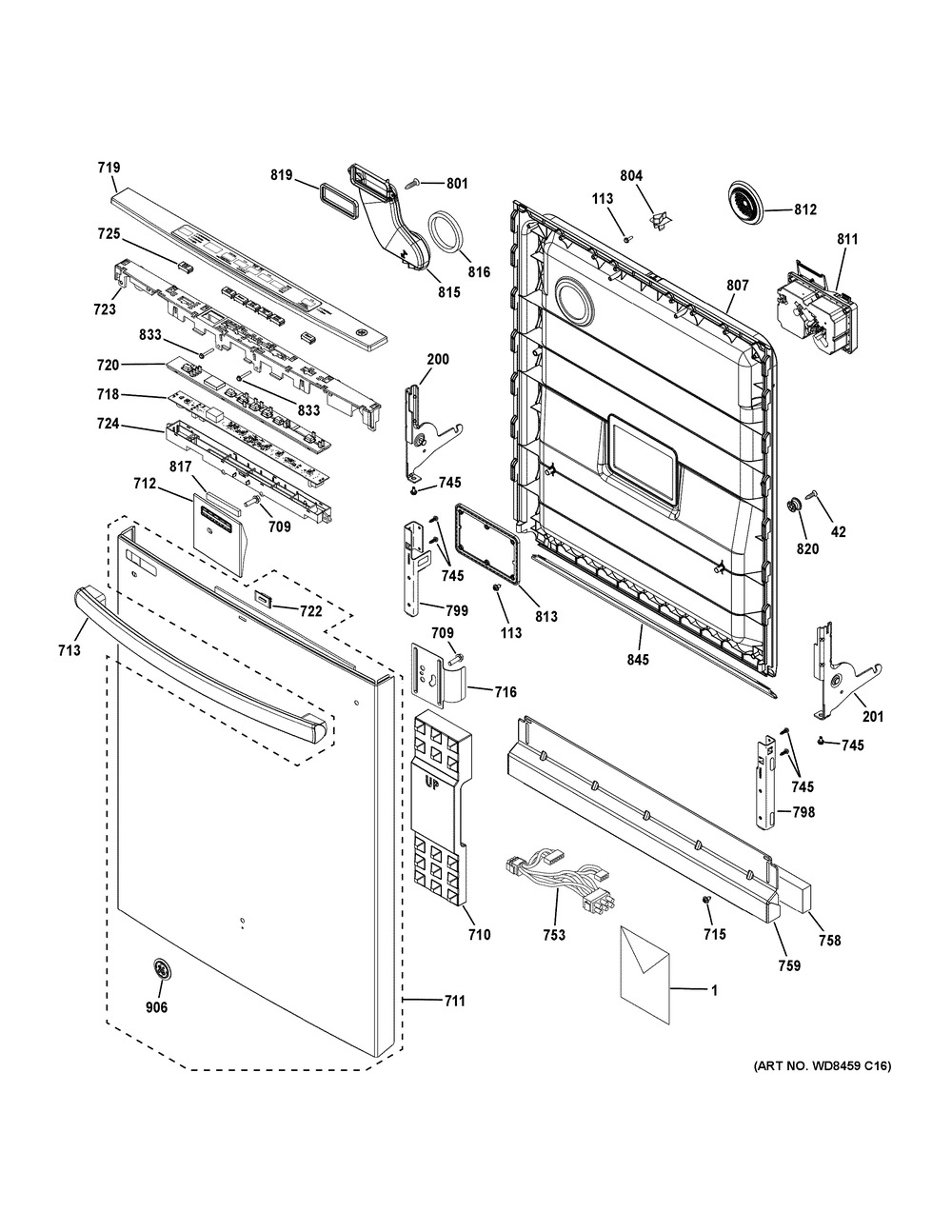 Escutcheon & Door Assembly Diagram and Parts List for GDT545PFJ6DS  General Electric Dishwasher