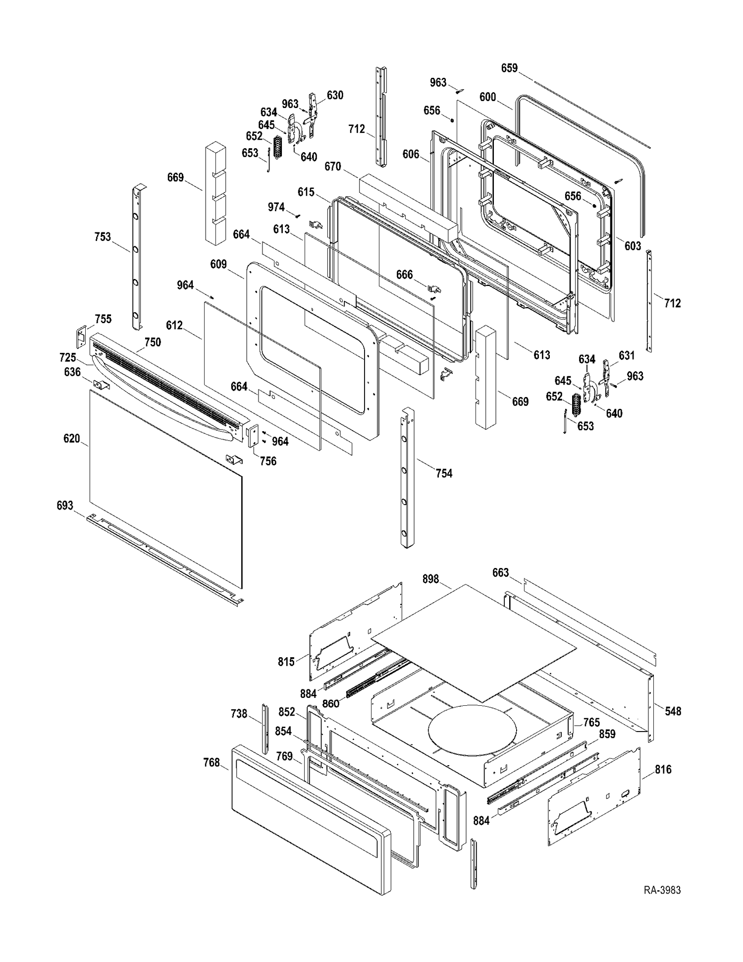 DOOR-DRAWER Diagram and Parts List for JCBP81DP2BB  General Electric Range
