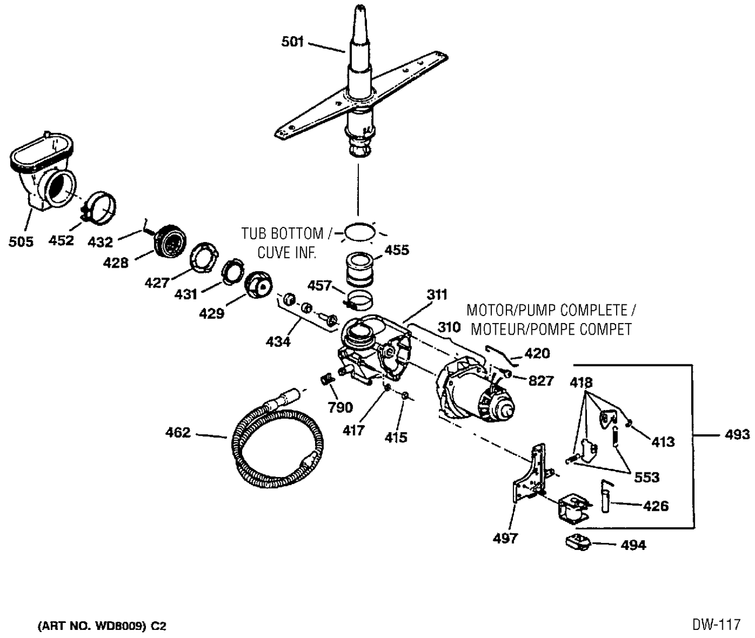 MOTOR & PUMP Diagram and Parts List for 41471119  General Electric Dishwasher
