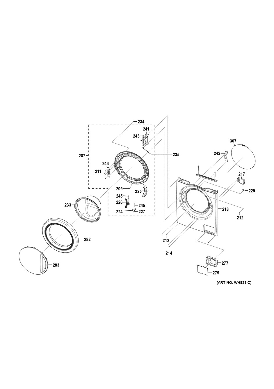 Front Panel & Door Diagram and Parts List for WCVH4800K3WW  General Electric Washer