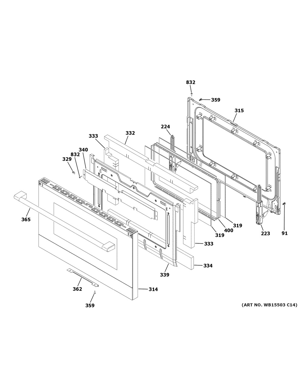 Lower Door Diagram and Parts List for CGS750M2N1S5  General Electric Range