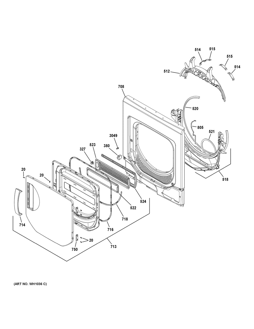 Dryer Front Panel & Door Diagram and Parts List for GUD24GSSM0WW  General Electric Washer Dryer Combo