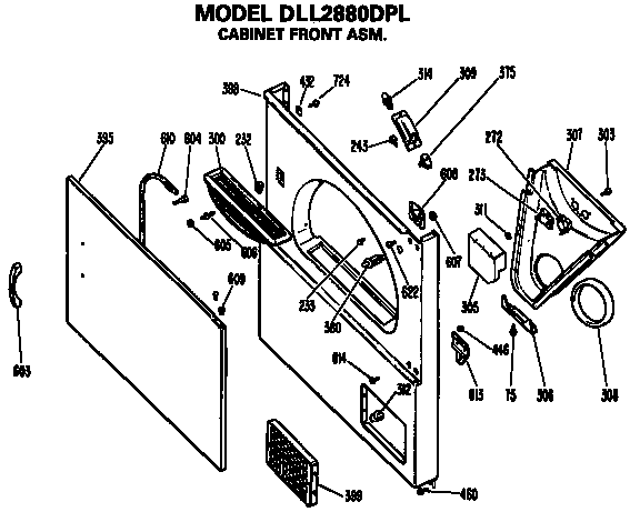 Cabinet Front Diagram and Parts List for DLL2880DPL  Hotpoint Dryer