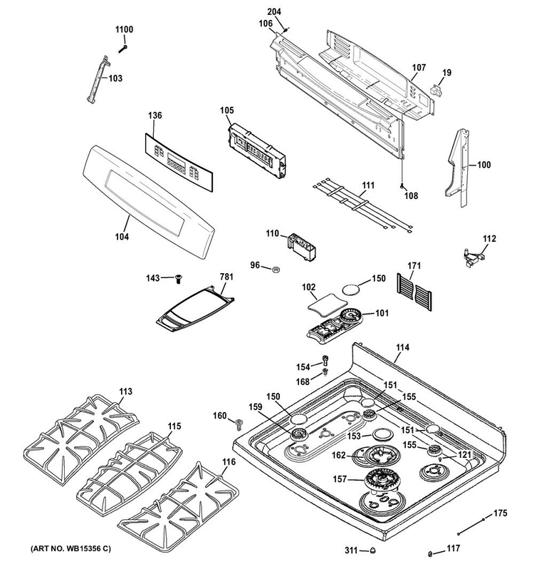 Control Panel & Cooktop Diagram and Parts List for PGB945SEF1SS  General Electric Range