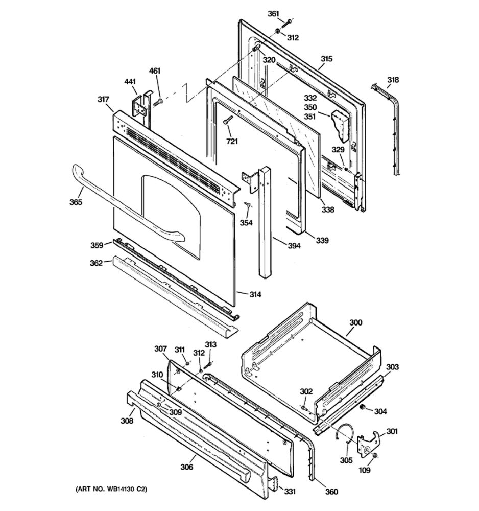 Door And Drawer Parts Diagram and Parts List for JGBS80DEM4WW  General Electric Range