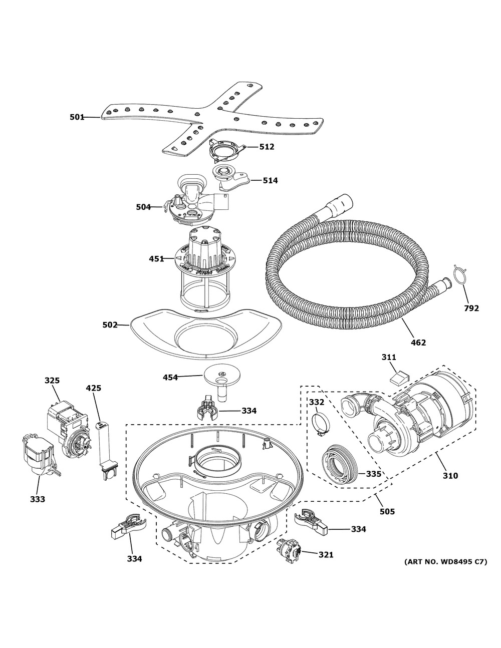Motor, Sump & Filter Assembly Diagram and Parts List for CDT845P3N1D1  General Electric Dishwasher