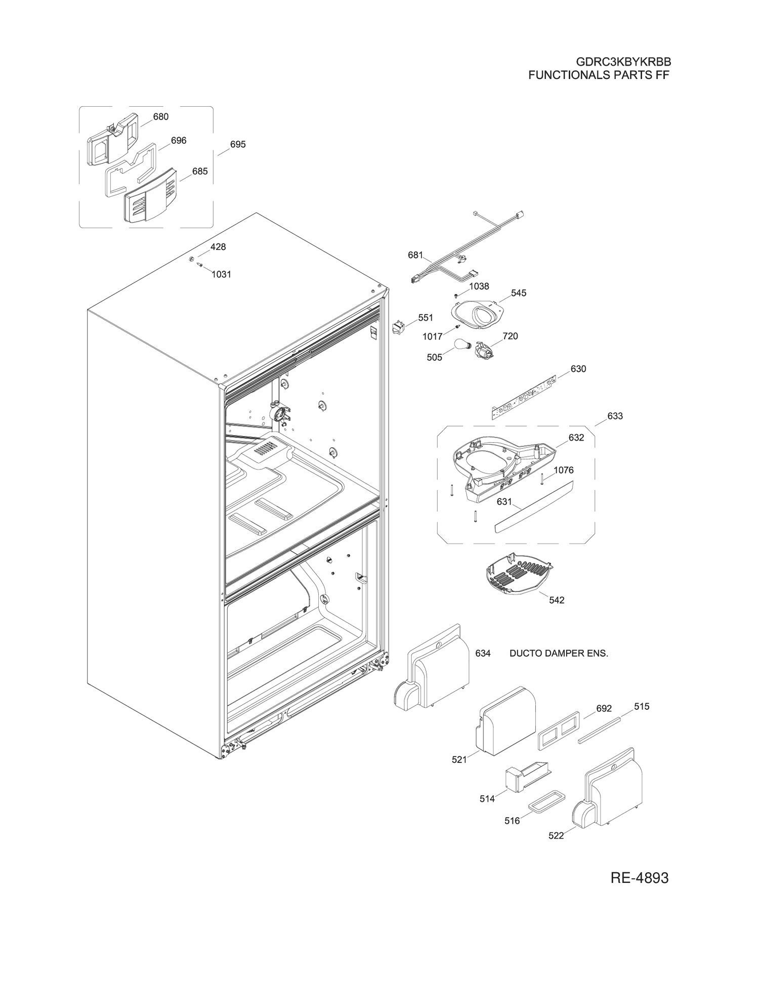 FUNCTIONAL PARTS FF Diagram and Parts List for GDRC3KBYKRBB  General Electric Refrigerator