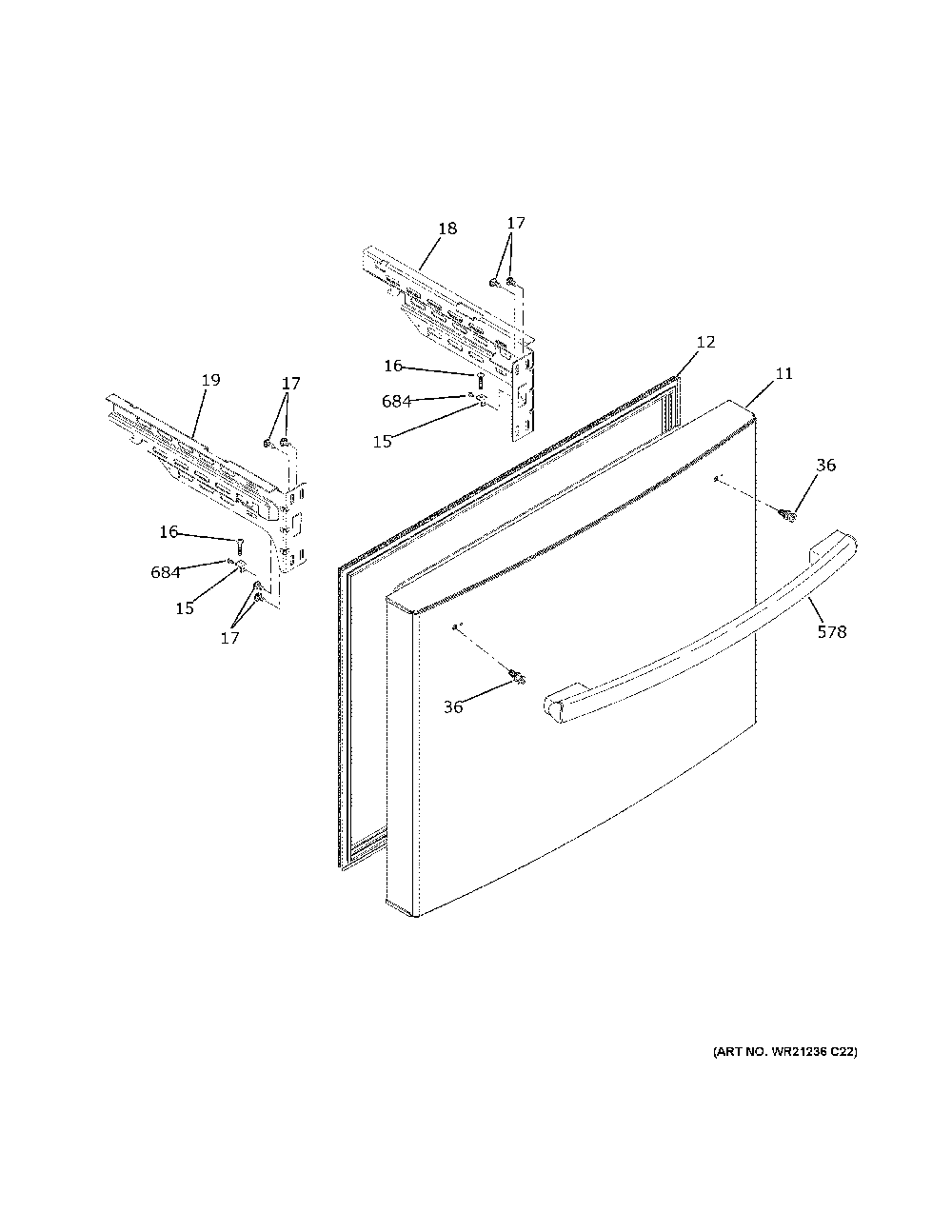Freezer Door Diagram and Parts List for GFE24JMKYFES  General Electric Refrigerator