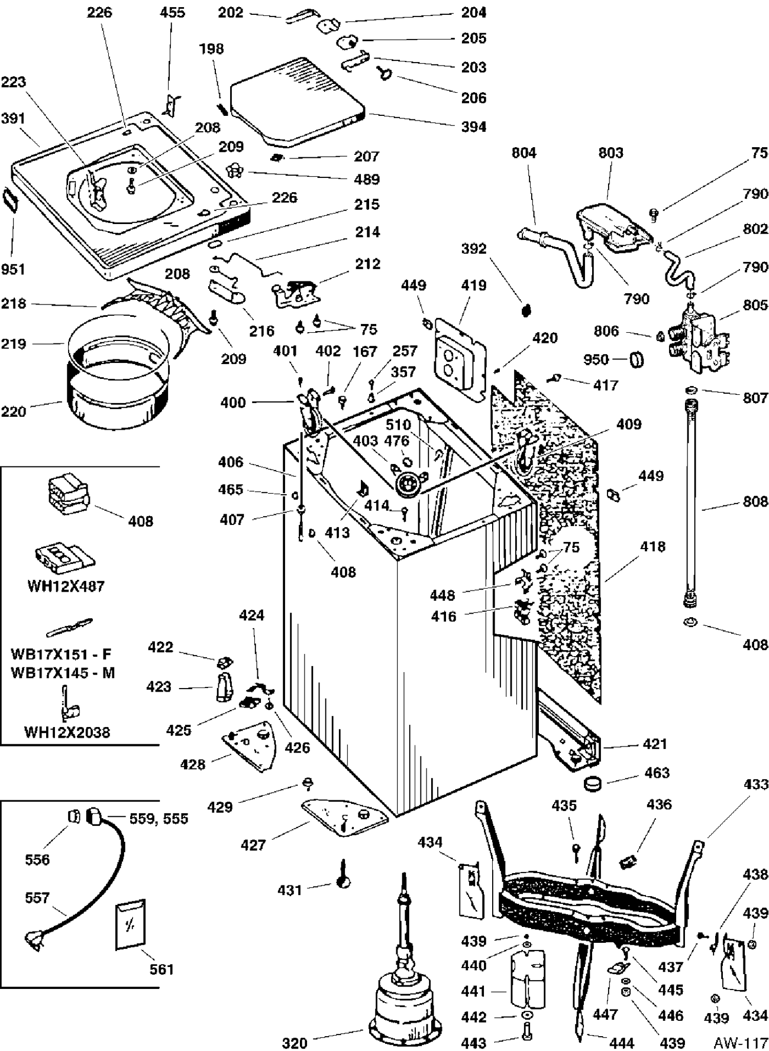 BODY PARTS Diagram and Parts List for YWL3000SALWH  General Electric Washer