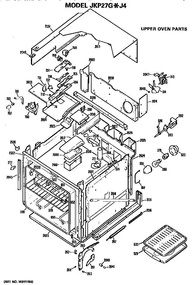 Upper Oven Diagram and Parts List for JKP27GJ4  General Electric Wall Oven
