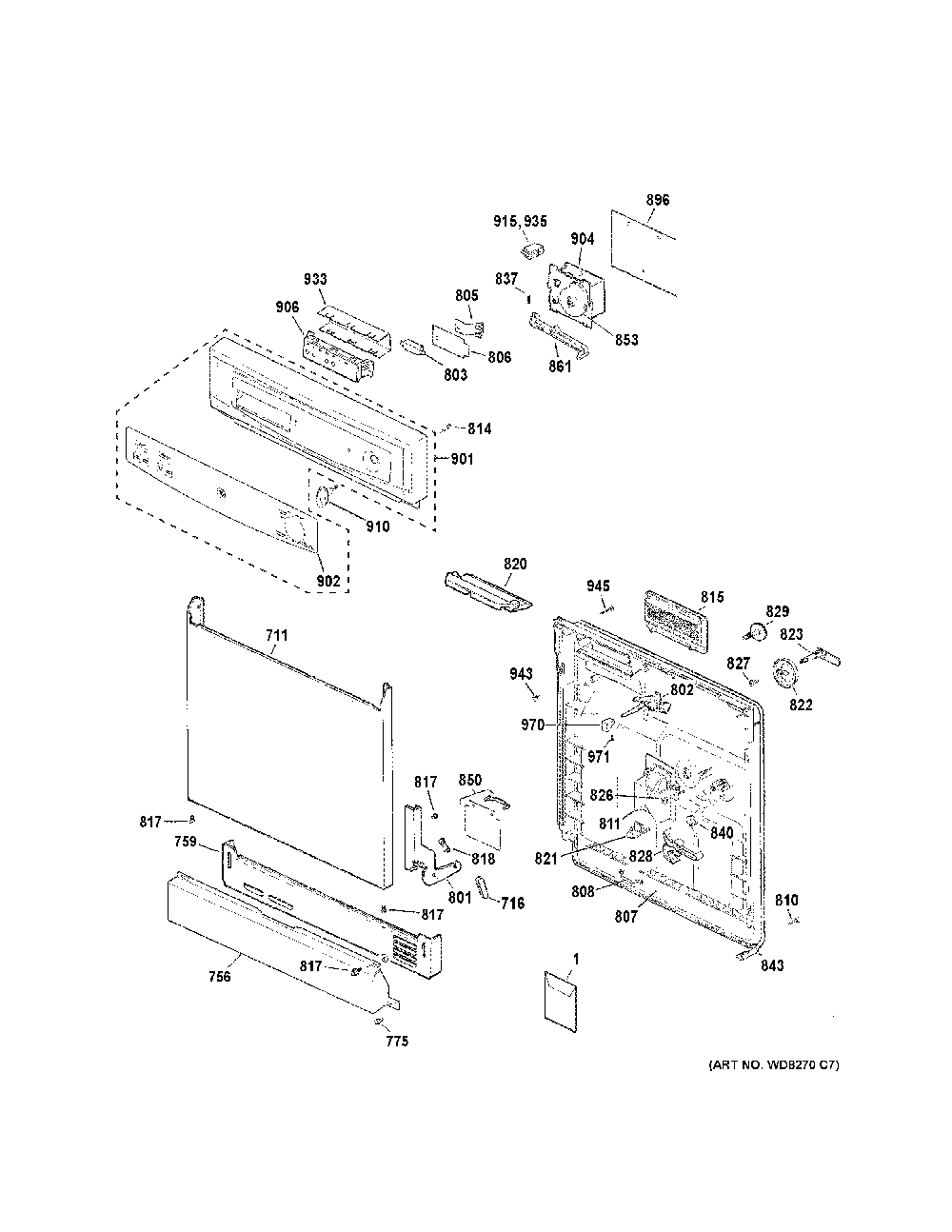 Escutcheon & door assembly Diagram and Parts List for GSM2200V70WW  General Electric Dishwasher