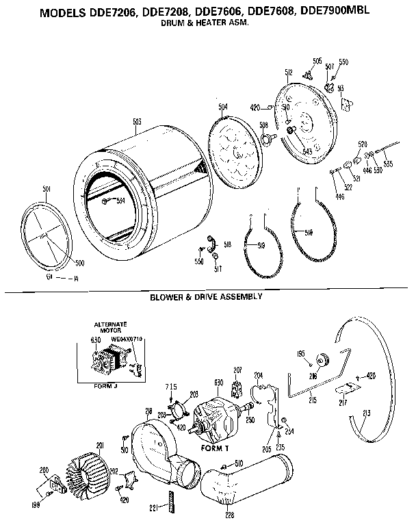 Drum/heater/blower And Drive Diagram and Parts List for DDE7608  General Electric Dryer
